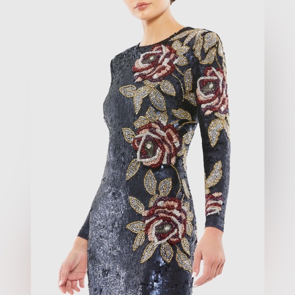 Mac Duggal SEQUINED ASYMMETRICAL FLORAL LONG SLEEVE MIDI DRESS midnight 8 $598 - Picture 2 of 4